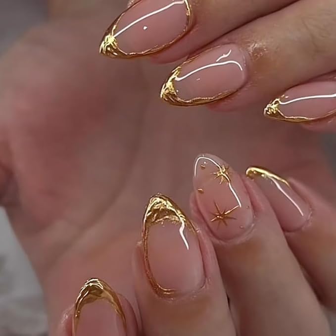 Short Almond Press on Nails with French Tip & 3D Gold Line Star Design, Glossy Full Cover Acrylic False Nails with Glue, Reusable Stick - Glue on Fake Nails for Women- Fall Nail Art Gift