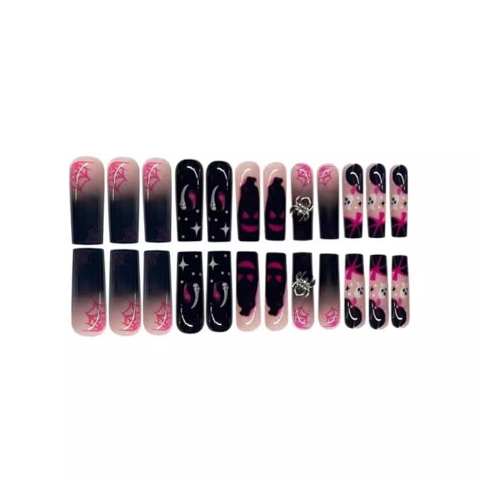 Halloween Press on Toenails Ombre Pink Press on Nails Long Square Fake Nails with Spider Charms Design Black French Tip Fake Toenails Pumpkin Ghost False Nails for Women Girls DIY Manicure 48Pcs