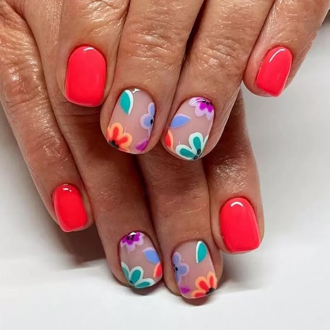 6 Packs (144 Pcs) Press on Nails Short Square Fake Nails Flower False Nails with Designs Spring Summer Floral Glue on Nails Full Cover Glossy Acrylic Stick on Nail for Women Manicure