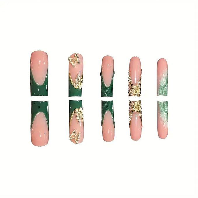 24Pcs Press on Nails Long Green French Tip Fake Nails Square Nails Press Ons Gold Glitter False Nails with 3D Butterfly Designs Artificial Long Square Glue on Nail Stick on Nail for Women