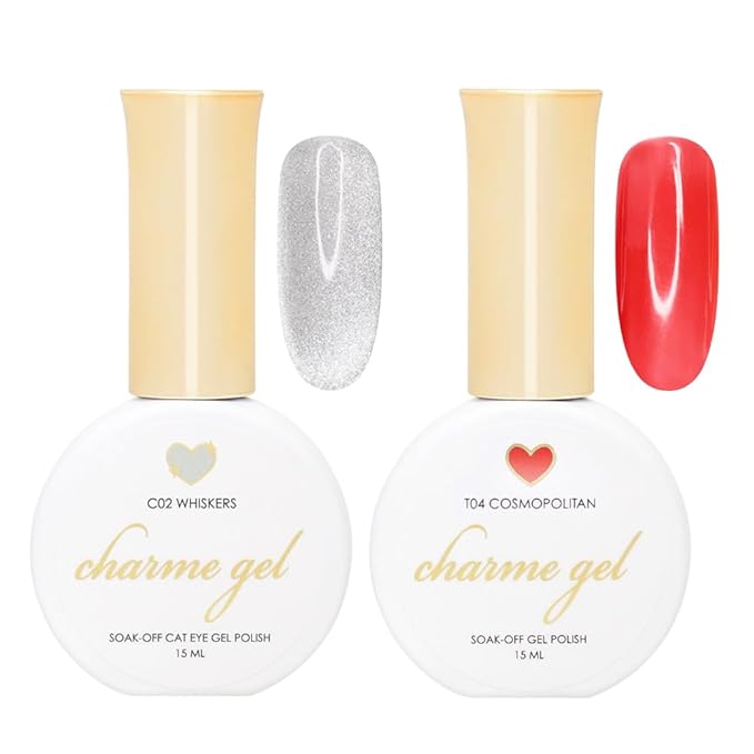Daily Charme Charme Gel Velvet Cat Eye Magnetic Gel Nail Polish Duo Bundle Whiskers Silver + Cosmopolitan Red 15ml/bottle Soak Off UV LED Home DIY/Nail Salon Manicure