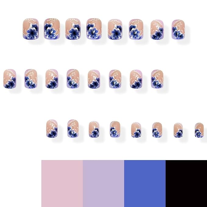 Press on Square Nails - Short Fake Nails with Purple Flower Design - Spring Full Cover Stick on False Nails - for Women 24 Pcs