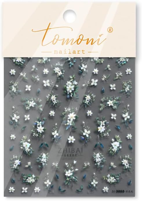 Holographic White Jasmine Flower Nail Art Stickers, 3D Floral Design with Iridescent Effect