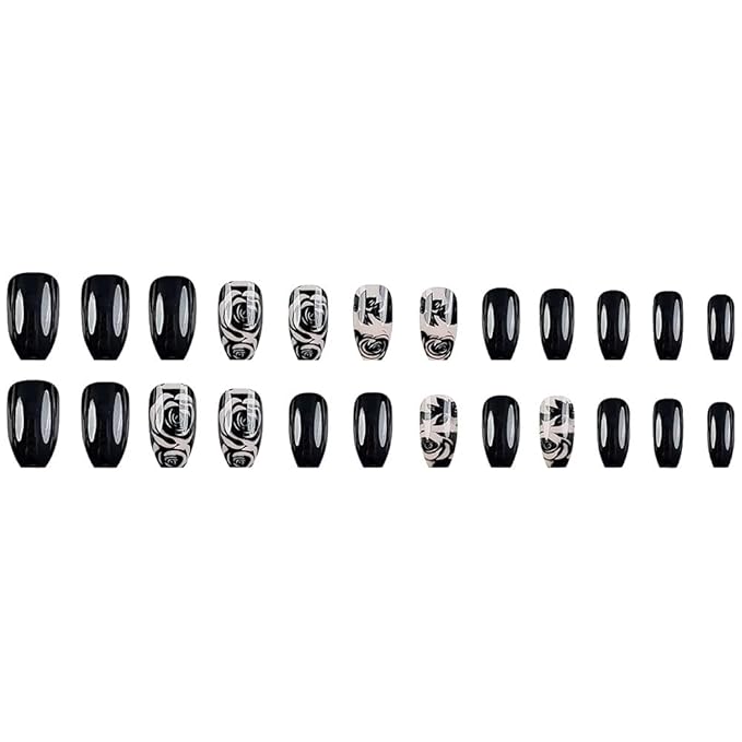 Press on Nails Black Rose Fake Nail Coffin Shaped False Nails with Gradient Design Medium Coffin Stick on Nail Glossy Acrylic Nails Black Press on Nails Artificial Reusable Nails for Women 24Pcs