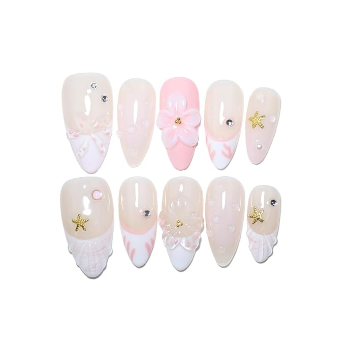 10 Medium Almond Handmade Press On Nails | Romantic Beach Nude Pink French Tip Fake Nails with 3D Floral, Starfish & Shell Texture | Easy Apply & Remove, Reusable Salon Quality Nails (5U11, M)