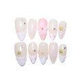 10 Medium Almond Handmade Press On Nails | Romantic Beach Nude Pink French Tip Fake Nails with 3D Floral, Starfish & Shell Texture | Easy Apply & Remove, Reusable Salon Quality Nails (5U11, S)