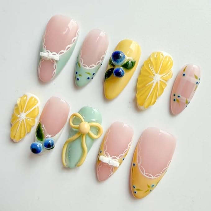Press On Nails, 10 Pcs Handmade French Almond Fake Nails, Reusable Artificial Cute Fruit Pattern False Nails for Women 3D Acrylic Nails Kit (Size M)