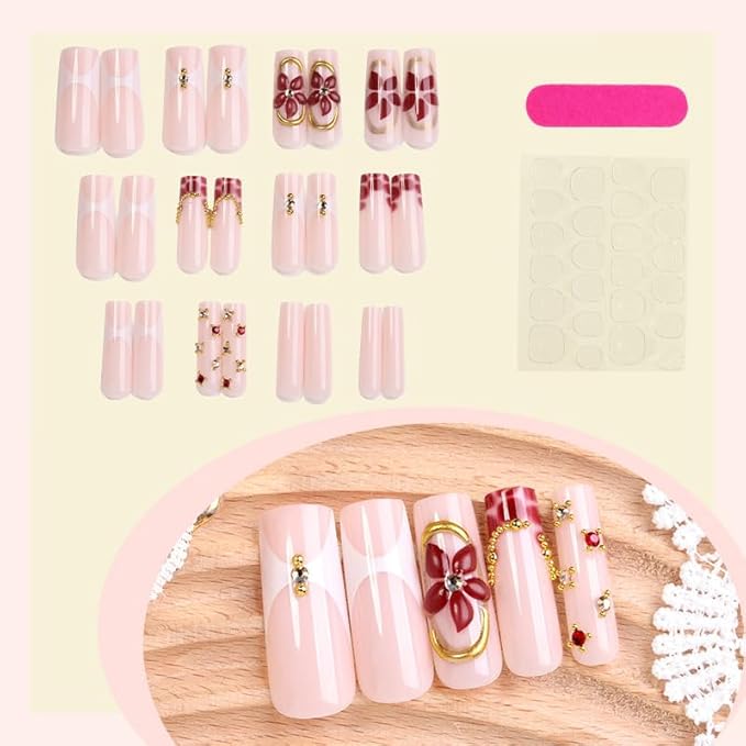 Long Square Press on Nails,Handmade Acrylic Press on Nails with Designs，Long Press on Nail for Women 24pcs