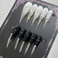 Black White Diamonds Stiletto Press on Nails with Glue Glossy Extra Long False Nails Hand-Painted Designs Handmade Eagle Dragon Cat Claw Unique Reusable Fake Nails