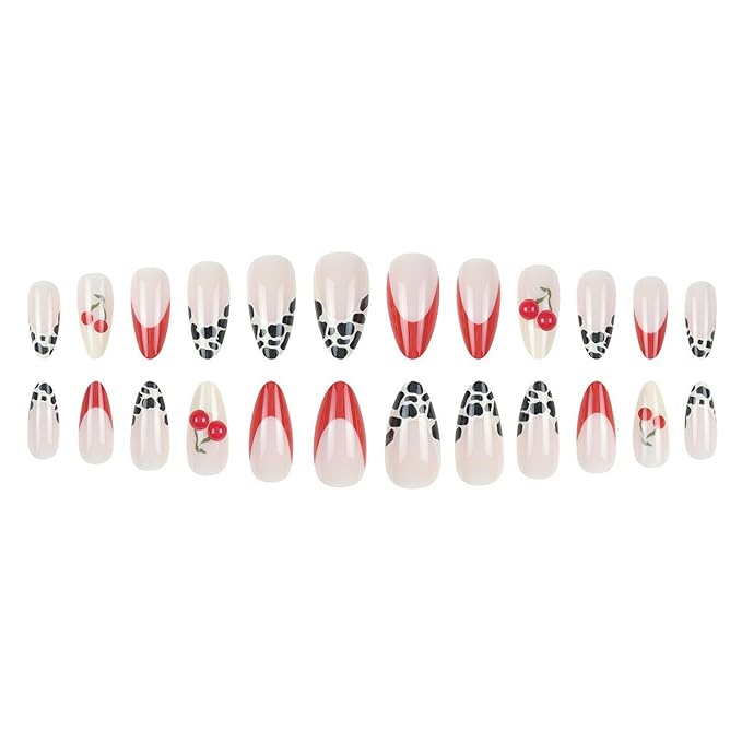 French Tip Press on Nails Medium Almond MABKJLF Cute Fake Nails Fruit False Nails with Designs Cherry Charms Leopard Print Glossy Glue on Nails Acrylic Nails Stick on Nails for Women Girls 24Pcs