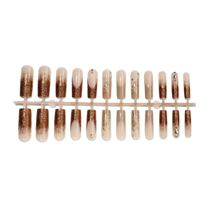 Square Press on Nails Long Brown Stick on Nail Tips Sparkly Glitter Nails Press ons Rhinestones Press on False Nails for Women 24pcs