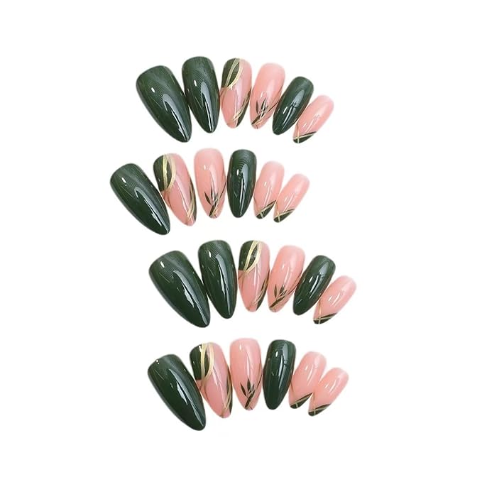 Almond Press on Nails Medium - Dark Green Fake Nails with Gold Line Design - Fall Stick on False Nails - for Women 24 Pcs