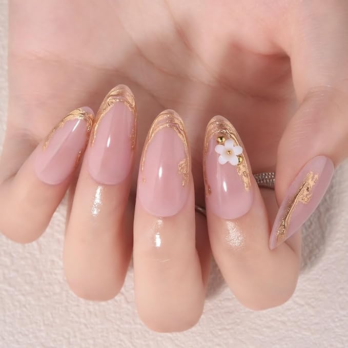 evpct Pink Press on Nails Short Almond with Gold Line, Gold French Tip Stick on Nail for Women Gift, Reusable Full Cover Soft Gel Press on Fake Nail with 3D White Flower Designs Perfectly Fit