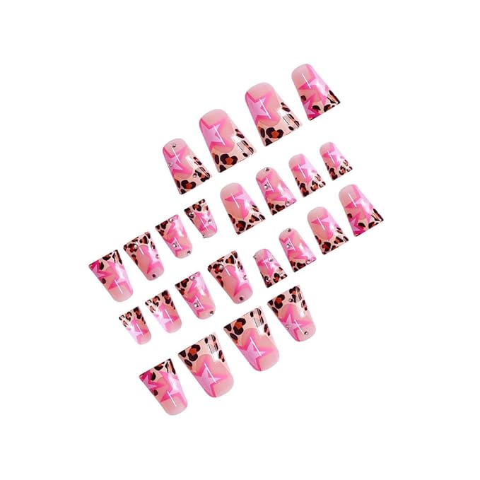 Star Press on Nails Leopard Print Fake Nails French Tip Glue on Nails with Rhinestone Design Glossy False Nails Reusable Artificial Acrylic Full Cover Duck Stick on Nails for Women Manicure 24Pcs