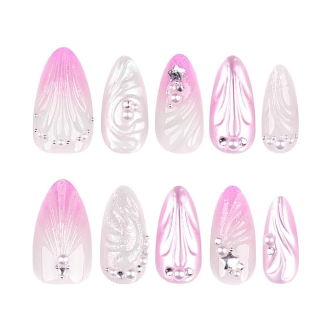Summer Press on Nails Medium Almond Fake Nails with 3D Pearl Water Ripple Design Seashell Glue on Nails Ombre Pink Nude False Nails Glossy Reusable Handmade Nails for Women Girls Manicure 24pcs