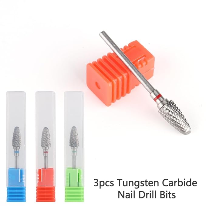 3pcs Tungsten Carbide Nail Drill Bits,3/32" Cuticle Electric Nail File and Acrylic Gel Removal Nail Drills Kit,Professional Drill Bits Nail Art Tools for DIY Manicure Pedicure Home Salon Use