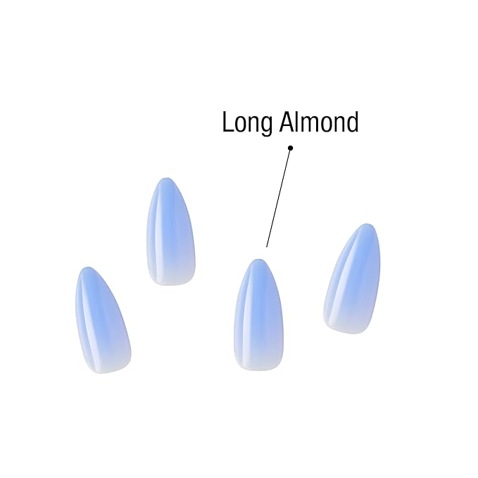 GoldFinger 24 Pcs Press On Nails, Long Almond Fake Nails, Blue Gradient Gel Stick On Extensions, Reusable DIY Full Cover False Nail Kit with Glue, Manicure Stick & File, 7 Day Long Lasting Wear