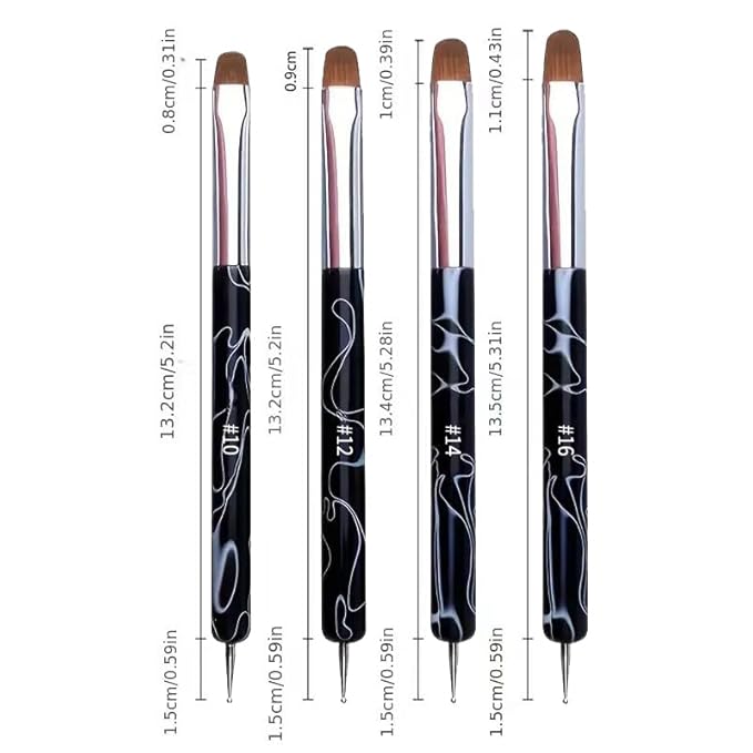 4Pcs French Tip Brush, Double-Ended French Brushes for Nails with Dotting Tool, Clean Up Brush for Gel Nail Polish, Size 10/12/14/16, Acrylic Nail Art Brushes, Manicure Tools for Nail Design-Black