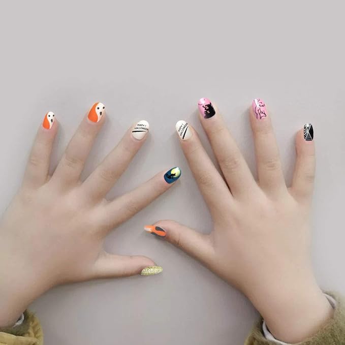 Allstarry Kids Halloween Nails, 120pcs 5pack Children Press on Nails Pre-glue Full Cover Glitter Gradient Color Rainbow Short False Nail Kits Halloween Gifts for Kids Little Girls Nail Art Decoration