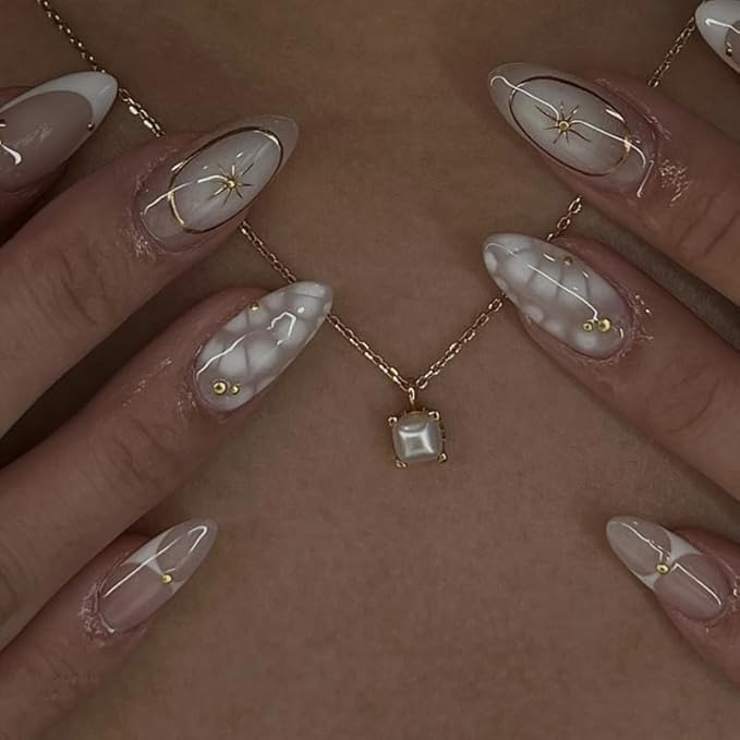 3D French Press on Nails Medium Almond with Bohemian Stars Design, Nude Nail + White Tip Glossy Stick on Nails for Women with Kit, Reusable Soft Gel Stick on Fake Nail with French Design Perfectly Fit