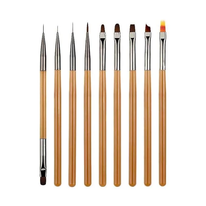 9Pcs Nail Art Brushes Nail Art Tool Set Striping for Long Lines Nail Drawing Pen For Nail Design Brushes for Gel Polish Clean Up Brushes 3D Nail Art Decorations for Women Girls DIY Manicure, Brown