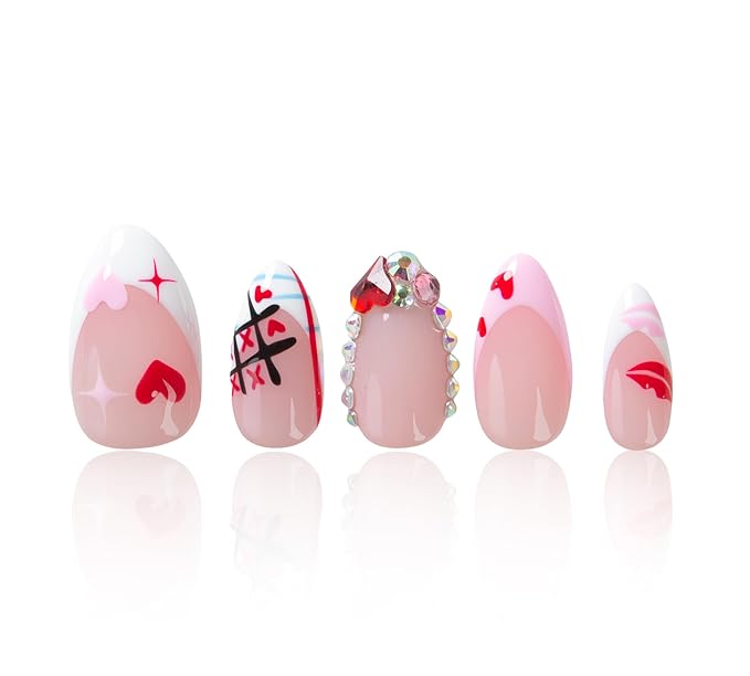 LOVFUL Valentine's Short Press on Nails Heartbeat Diary | Handmade Acrylic Press ons | Reusable Fake Nails | Almond Regular 1.0 in | H729-M
