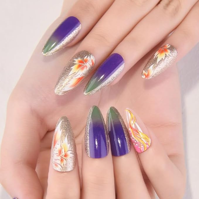 evpct Fall Press on Nails Medium Almond Maple Leaf Design, Purple Blue Green Ombre Sparkle Glitter Silver Glossy Fake Nail Kit for Women Girls, 24Pcs Perfect Fit Reusable Stick on Nail Press ons