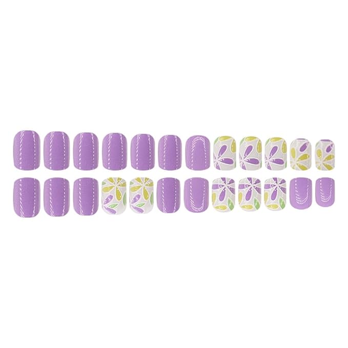 Press on Nails Square Short Purple Fake Nails Press ons Artificial Acrylic Nail Tips Kit Full Cover False Nails with Yellow Flowers Glossy Designs Stick on Nails for Women 24Pcs