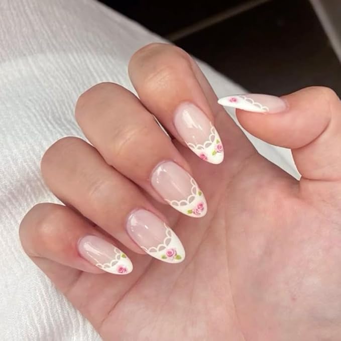 Spring Summer Press on Nails Almond Fake Nails with Lace Rose Designs, Medium French Tip White Flower Nails Spring Glue on Nails Cute |Reusable|Easy Apply |Glossy|Daily Wear 24Pcs