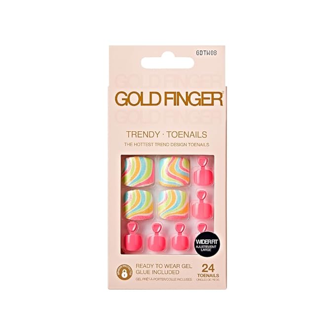 GoldFinger Trendy Press On Fake Toenail Kit Wider Fit, Fantasy Abstract Print & High Pigment Pink Color, Ready to Wear Gel & Manicure Stick, Mini Glue included, Long-Lasting Convenient & Easy to Apply