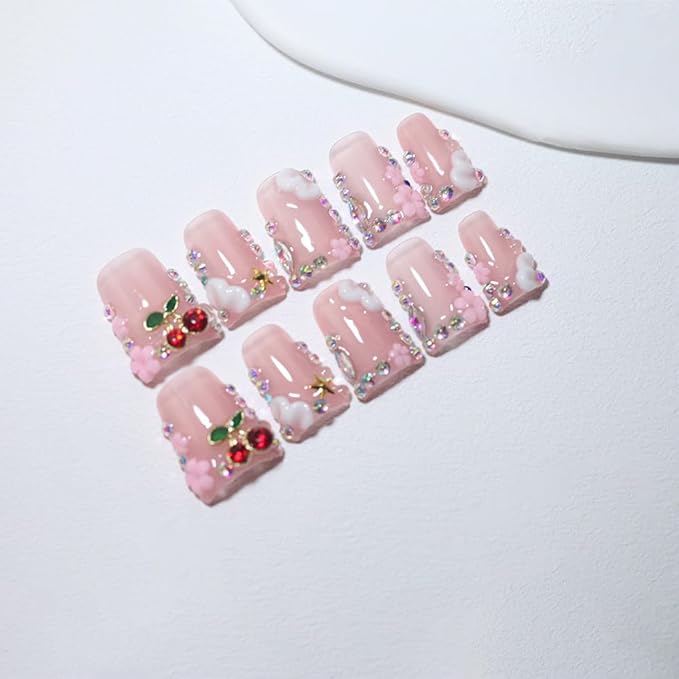 10Pcs Duck-shaped Handmade Press On Nails | French Style with 3D Floral & Rhinestone Decor | Easy to Apply, Remove & Reusable, Salon - Quality (25103, M)