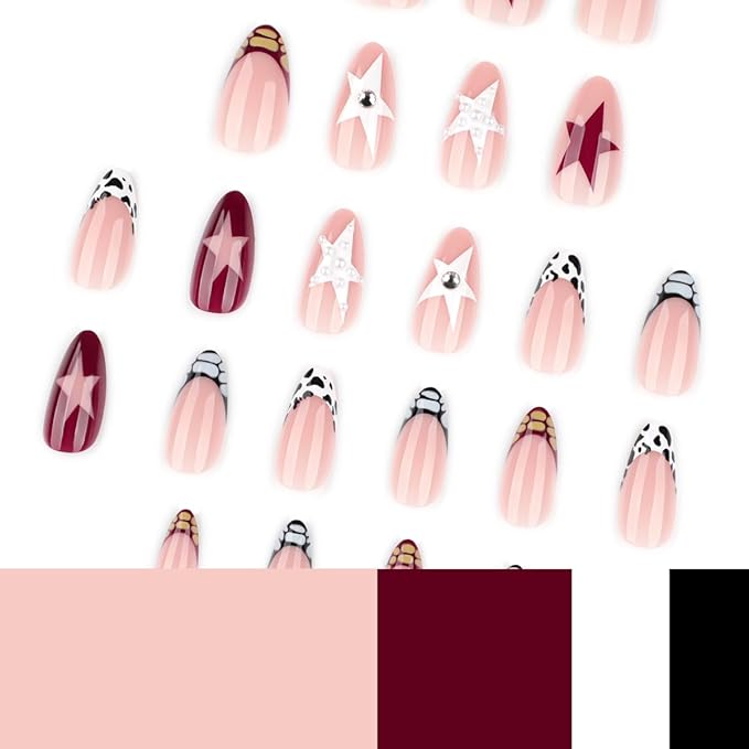 Crocodile Print French Tip Press on Nails - Star False Nails Short Almond Fake Nails Press ons with Pearl Design, Full Cover Pentagram Glue on Nails for Women Y2K Manicure 24Pcs