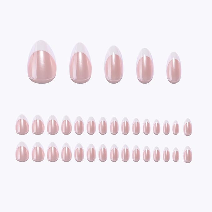 French Tip Soft Gel Press on Nails Kit Almond Short Fake Nails Chrome False Nails Designs Glossy Pink Thickened Acrylic Nails with Nails Glue Full Cover Stick on Nails for Women Manicure 30 Pcs