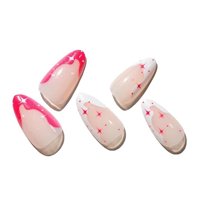 GLAMERMAID Hot Pink French Tip Press on Nails Medium Almond, Nude Jelly Gel Gothic Stiletto False Glue on Nails with Star Desgin for Women, Reusable Short Oval Stick on Acrylic Fake Nail Manicure Set