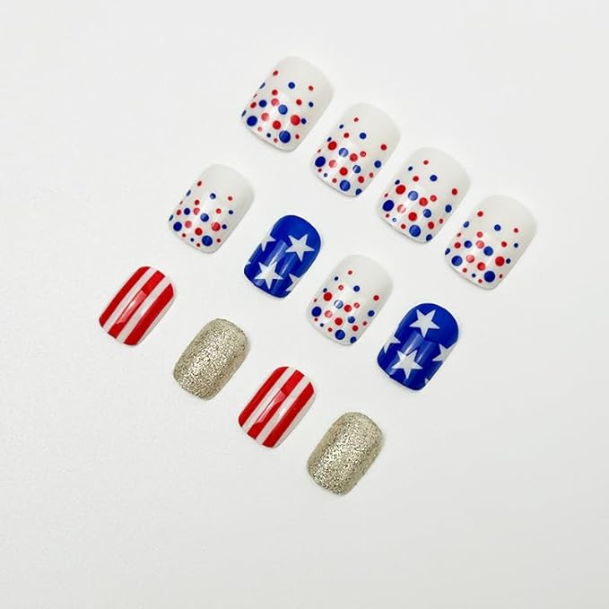 Press on Nails Independence Day Short Square Fake Nails with Polka Dot Designs Cute Patriotic Acrylic False Nails Sliver Glitter Stick on Nails Stripe Glue on Nails for Women 4th of July