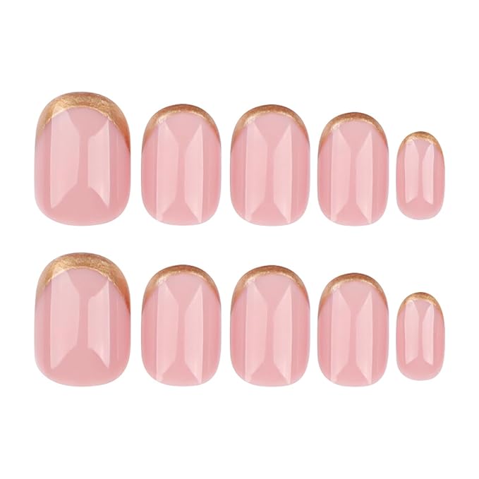 Nude Press on Nails Short Oval MABKJLF Fake Nails Natural Nails False Nails with Gold Glitter Designs Solid Colour Full Cover Glossy Glue on Nails Acrylic Nails for Women Girls 24 Pcs