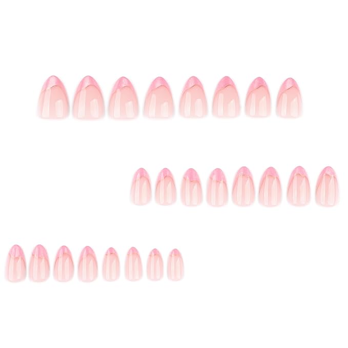 French Press On Nails Almond Short, Nude with Pink Shimmery French Tips and Gold Line Accents, Glossy Reusable Acrylic Glue-On Nails Kit for Women, 24PCS – Gilded Pink Shimmer