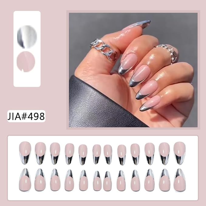 French Tip Press on Nails Medium Almond Fake Nails Silver French Nail Tips Metal False Nails Artificial Acrylic Nails Full Cover Glue on Nail for Women Nail Decoration