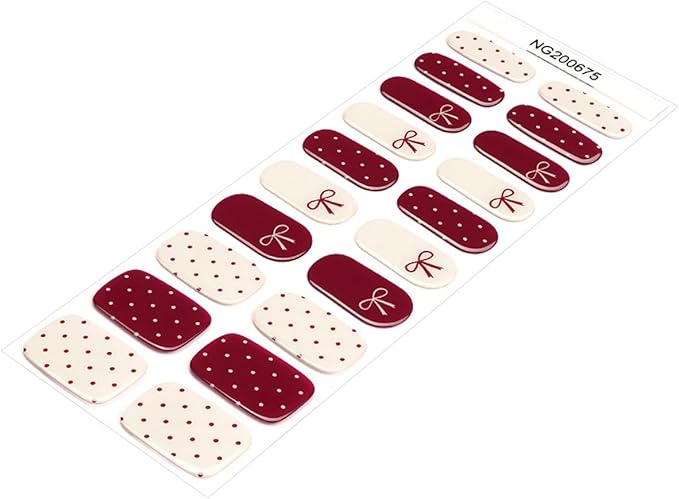 Polka Dot Semi Cured Gel Nail Strips - 20Pcs Burgundy UV Gel Nail Wraps with Polka Dots & Bow Design, Long Lasting Salon-Quality Stickers, Includes Nails File & Wooden Stick - UV/LED Lamp Required