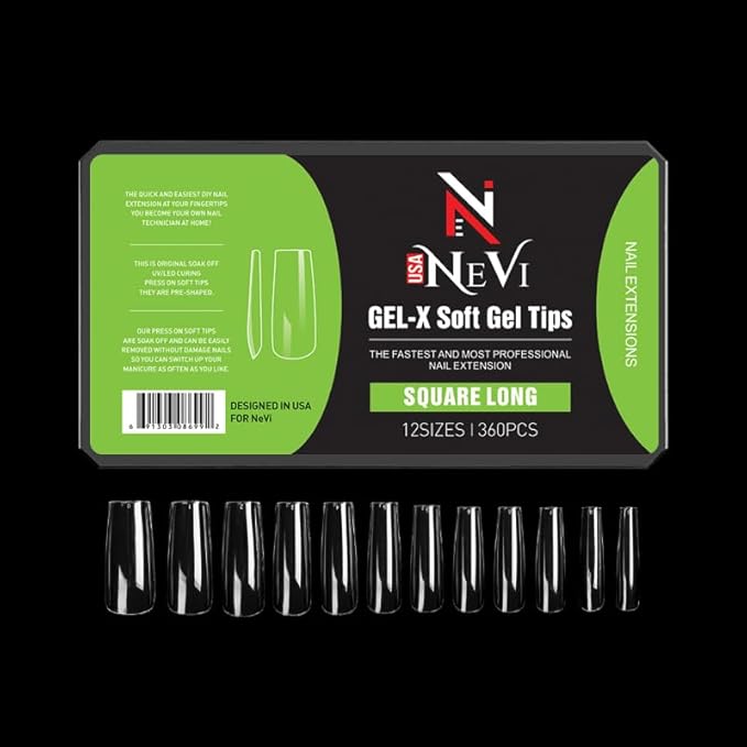 Nail Gel-X Natural Coffin XXL Tips Set - NeVi USA Premium Quality, 360 Tips in 10 Sizes - Complete DIY Nail Extension Kit | No Size 00 Included, #5&6 Are Double Quantity