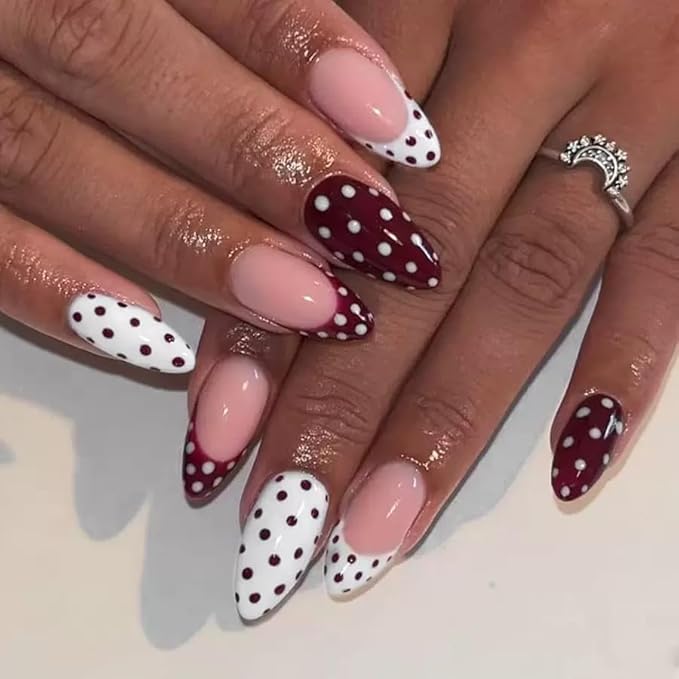 6 Packs (144 Pcs) Press on Nails Medium Almond Fake Nails with Designs Polka Dot Glue on Nails Cute False Nails Full Cover Glossy Acrylic Stick on Nail for Women Girls Manicure