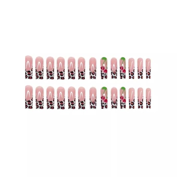 Red French Tips Press on Toenails Leopard Press on Nails Long Square Stick on Nails with Cherry Designs Glossy Skin Tones Fake Toenails Full Cover False Toenails for Women DIY Manicure 48Pcs
