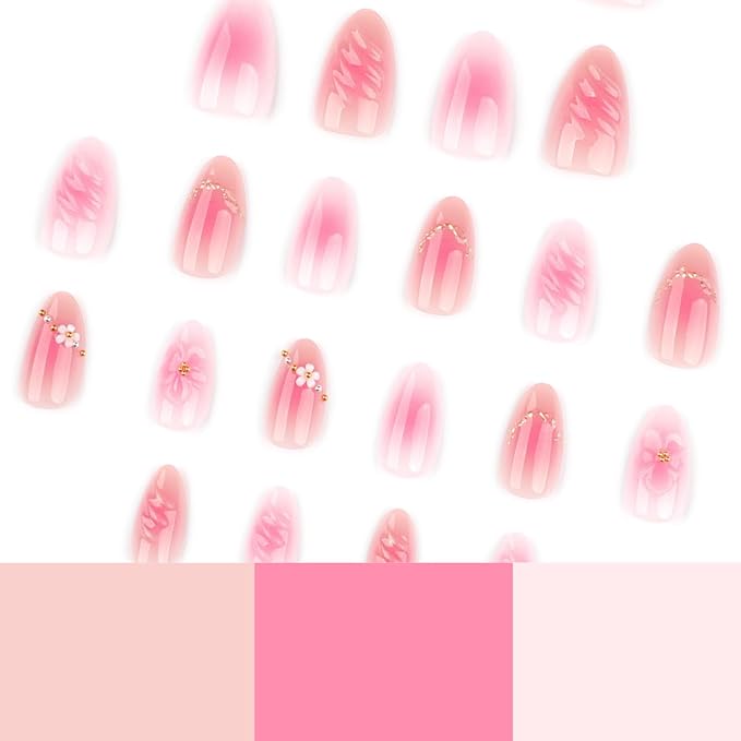 Almond Press on Nails - Short Pink Nails Spring False Nails Press ons with Flower & Gold Beads Design, Glossy Acrylic Full Cover Floral Stick on Nails for Women Manicure 24Pcs