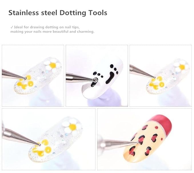 5PCS Dual-Ended Nail Art Sculpture Pen Dotting Tools, Silicone Nail Polish Brushes Stainless Steel Carving Drawing Dotting Tool, Acrylic Rhinestone Handle, Nail Art Tools