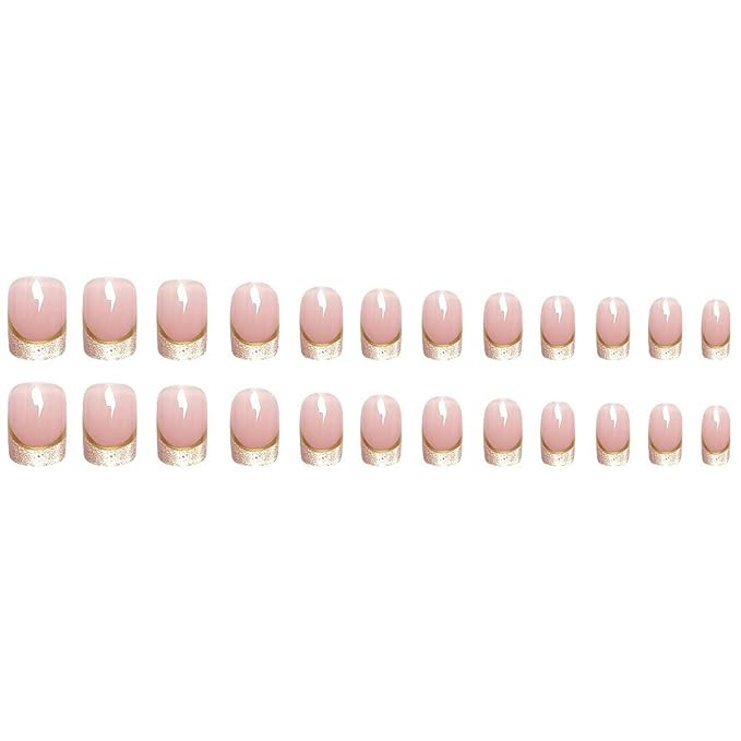 French Tip Press on Nails Medium Square MABKJLF Nude Pink Fake Nails False Nails with Designs Glittery Natural Nails Full Cover Glossy Glue on Nails Acrylic Nails for Women Girls 24Pcs