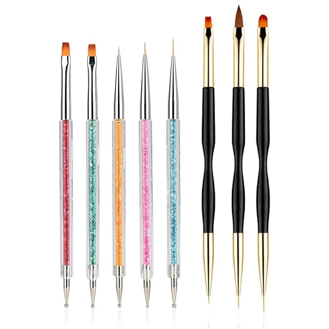 8PCS Nail Art Brushes, Double-Ended Brush and Dotting Tool Kit, Dual End Nail Art Pen Brush Acrylic Round Flat Painting Drawing Liner Nail Tools