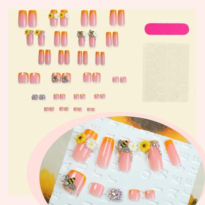 48Pcs Orange French Tips Press on Nails 3D Press on Toenails Medium Square Stick on Nails with Flower Bee Charm Design Rhinestone Fake Nails Glossy Summer False Toenails Kit for Women DIY Manicure