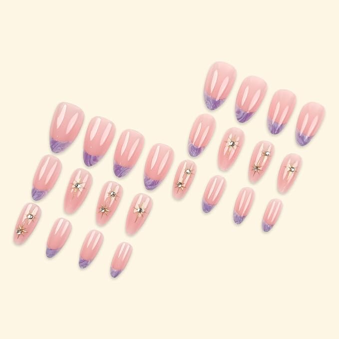 Medium Press on Nails Almond Fake Nails French False Nails Purple Artificial Nails with Gold Star and Rhinestones Designs Nude Stick on Nails for Women 24pcs