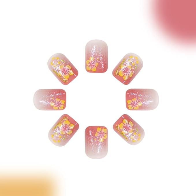 Flower Press on Nails Medium Square Fake Nails Pink Glitter Acrylic Stick on Nails Cute False Nails with Designs Spring Glue on Nails Full Cover Fake Nails for Women Girls Manicure Kit 24Pcs