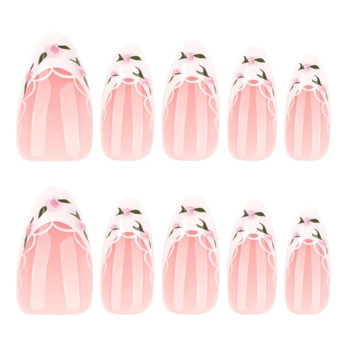 French Tip Press on Nails Medium Almond Fake Nails White False Nails Press ons Lace Rose Glue on Nails Acrylic Artificial Stick on Nail for Women Nail Decoration 24Pcs